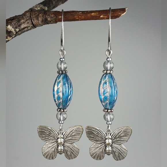 HAND CRAFTED Silver Butterfly Blue Artisan Glass Boho Vintage Style Earrings - Picture 3 of 6